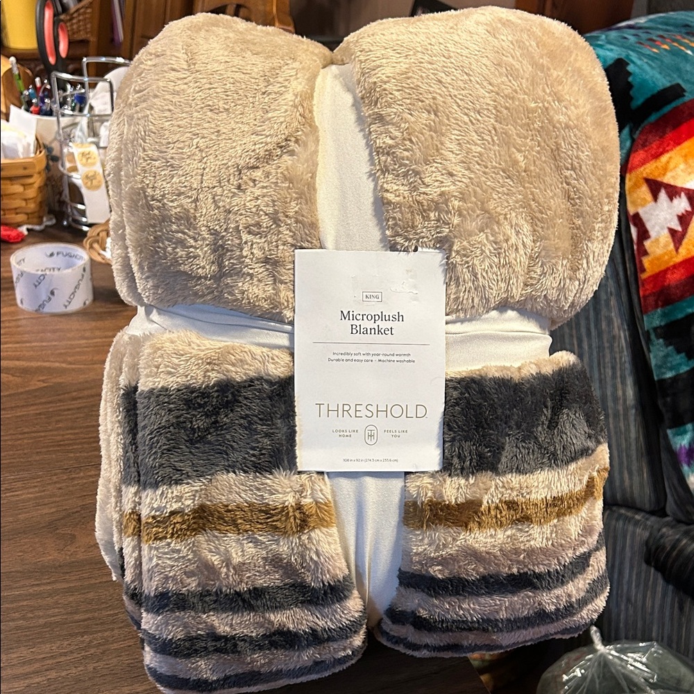 Threshold Microplush Throw Blanket in Tan, Gray and Gold Stripe